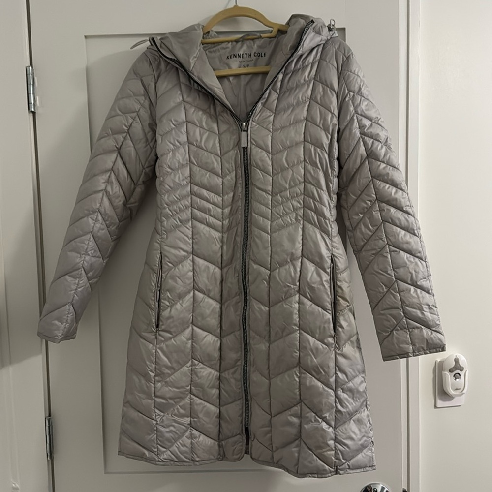 Kenneth Cole New York silver gray mid long puffer jacket coat